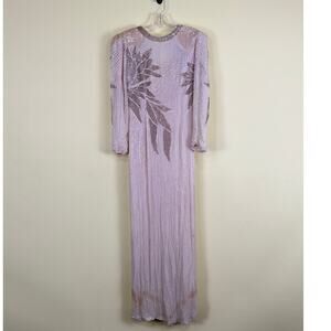 Vintage Pink Beaded Sequin 100% Silk Long Sleeve Gown Dress Made in India Sz S